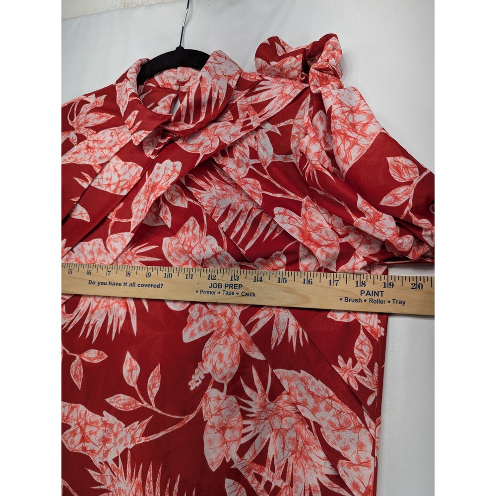 Red White Tropical Floral High Neck‎ Pleated Front Blouse Long Sleeve Small - Picture 4 of 7